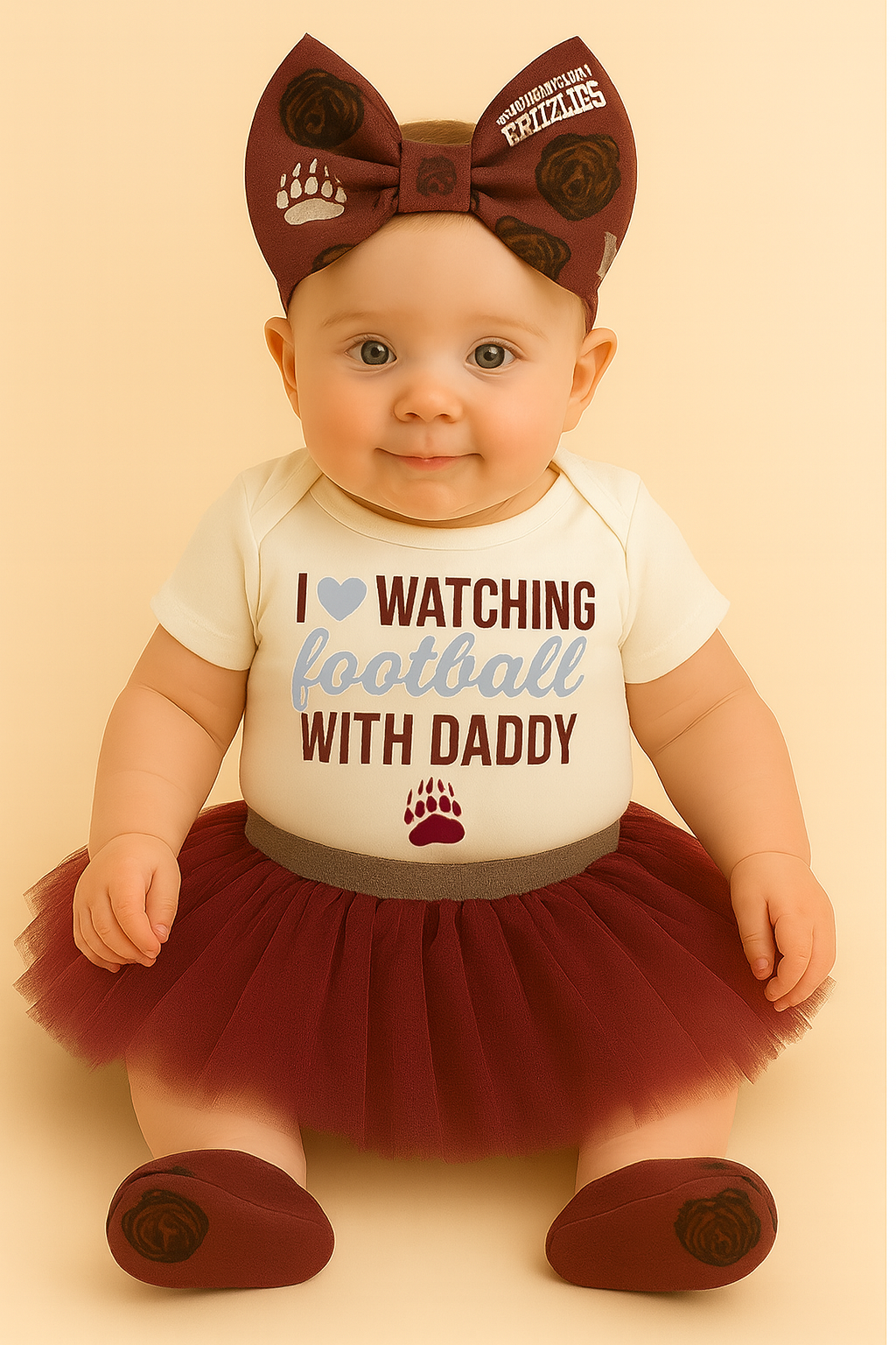 I ❤️ Watching Football With Daddy” Baby Girl Outfit – Montana Grizzlies Game Day Onesie, Maroon & Silver Skirt, Cute Baby Bow Set, First Griz Game Outfit