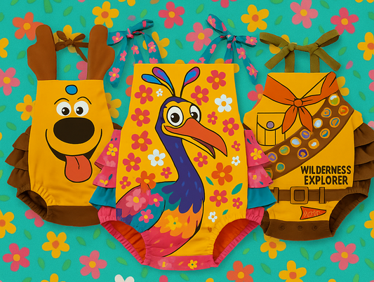 Up-Inspired Baby Romper – Kevin, Dug & Wilderness Explorer Costume for Theme Park Days