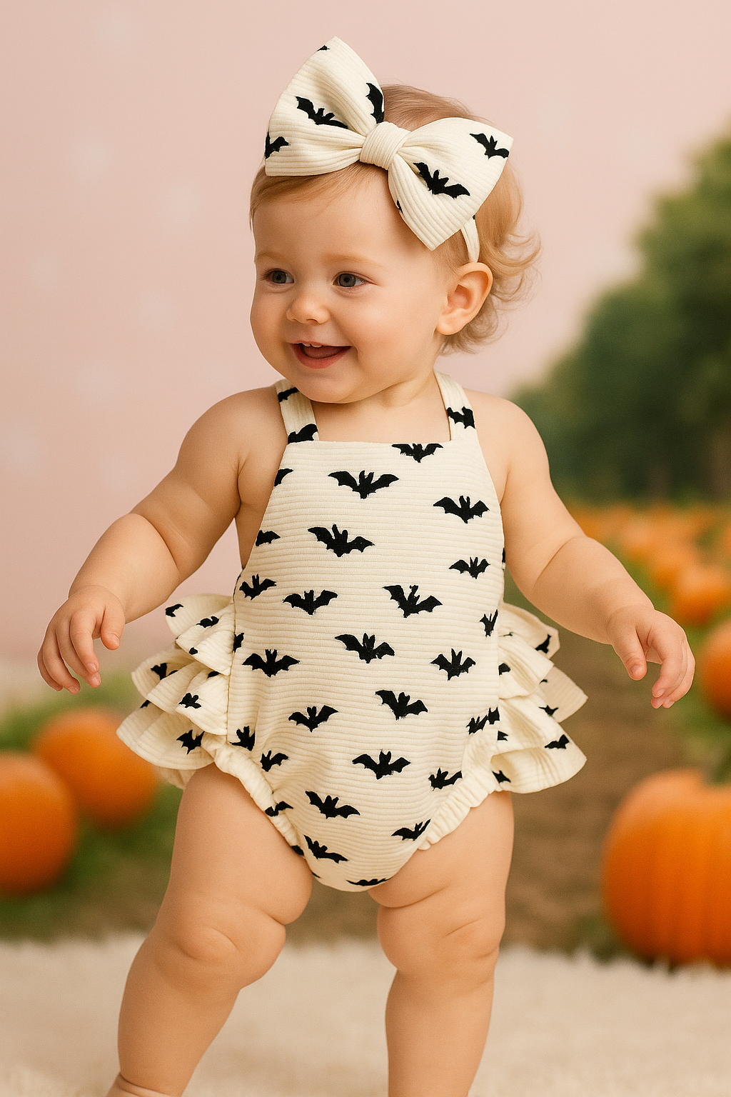 Bats Baby Romper for Spooky Season, Halloween Infant Outfit, Bat Print Jumpsuit, Cute Baby Halloween Costume