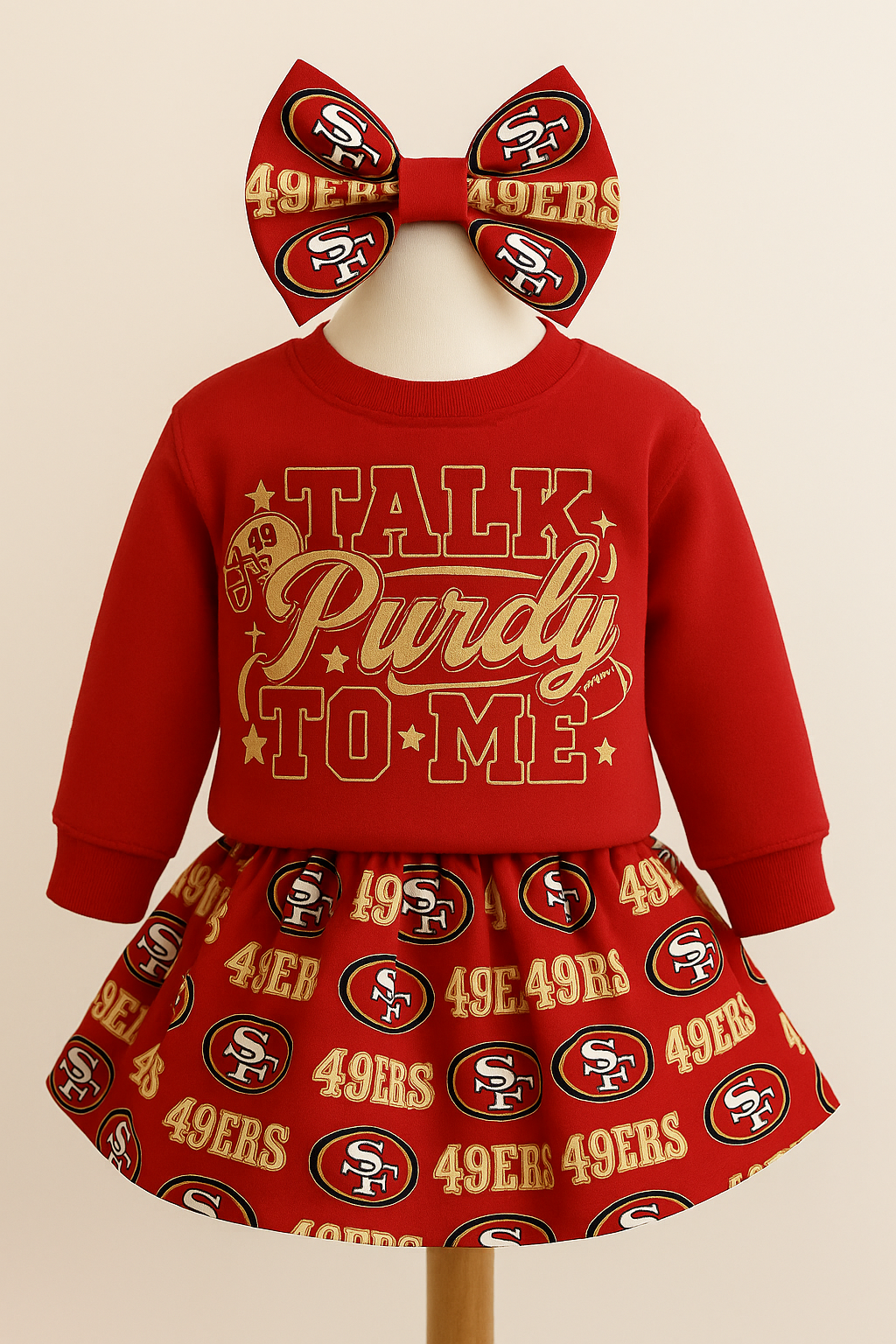 Cutest Fan Baby Girl Outfit – 49ers Game Day Onesie, Red & Gold Skirt, Cute Baby Bow Set, First Niner Game Outfit