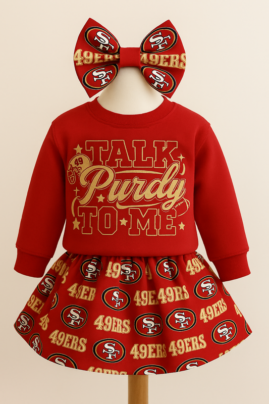 Cutest Fan Baby Girl Outfit – 49ers Game Day Onesie, Red & Gold Skirt, Cute Baby Bow Set, First Niner Game Outfit