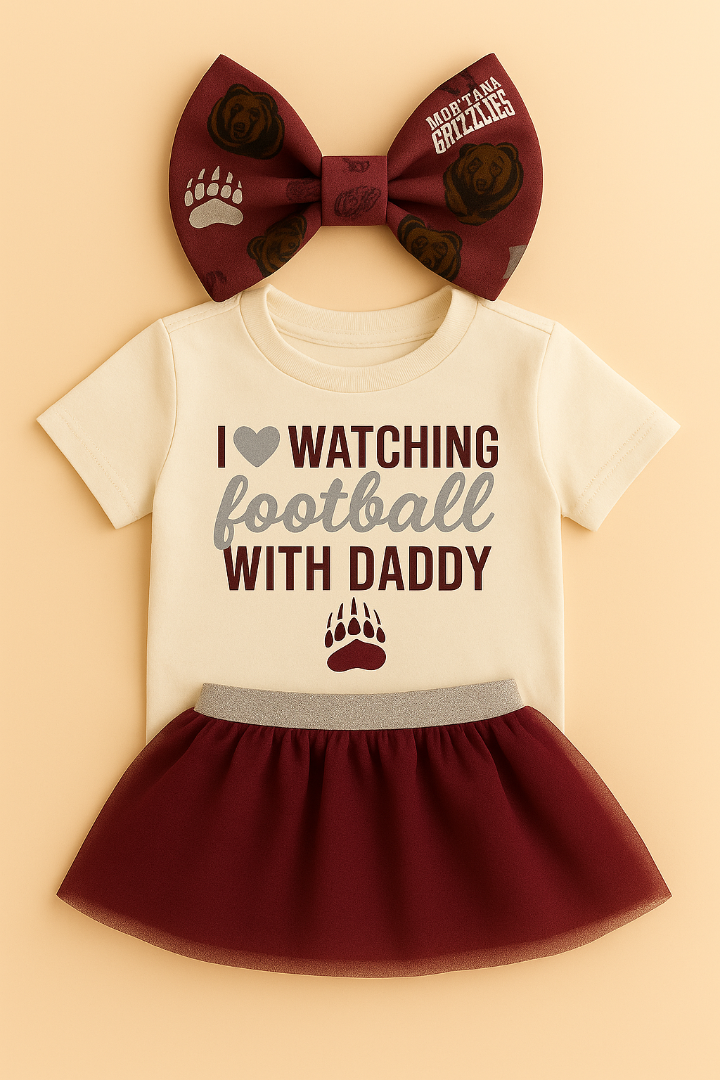 I ❤️ Watching Football With Daddy” Baby Girl Outfit – Montana Grizzlies Game Day Onesie, Maroon & Silver Skirt, Cute Baby Bow Set, First Griz Game Outfit