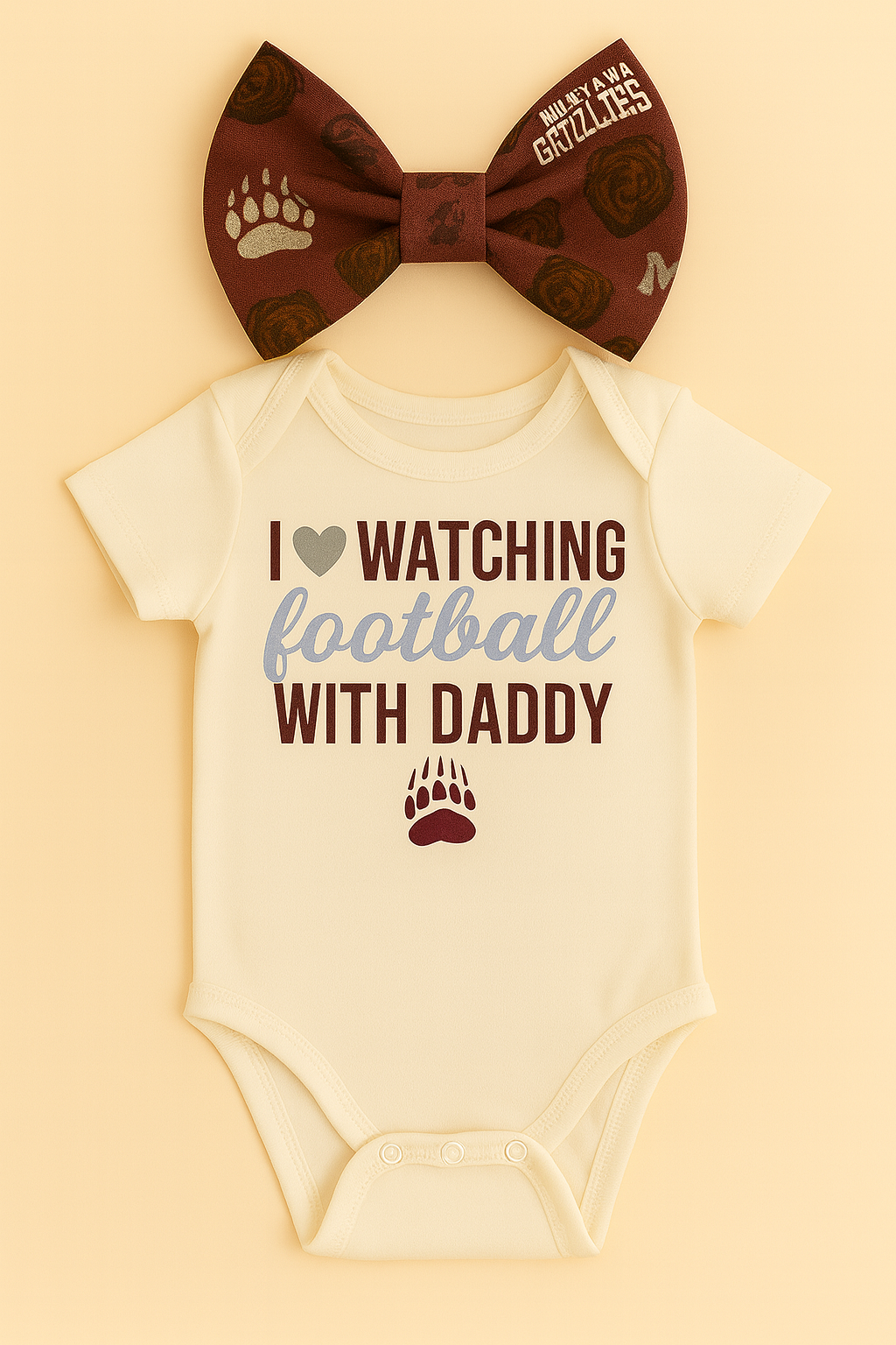 I ❤️ Watching Football With Daddy” Baby Girl Outfit – Montana Grizzlies Game Day Onesie, Maroon & Silver Skirt, Cute Baby Bow Set, First Griz Game Outfit