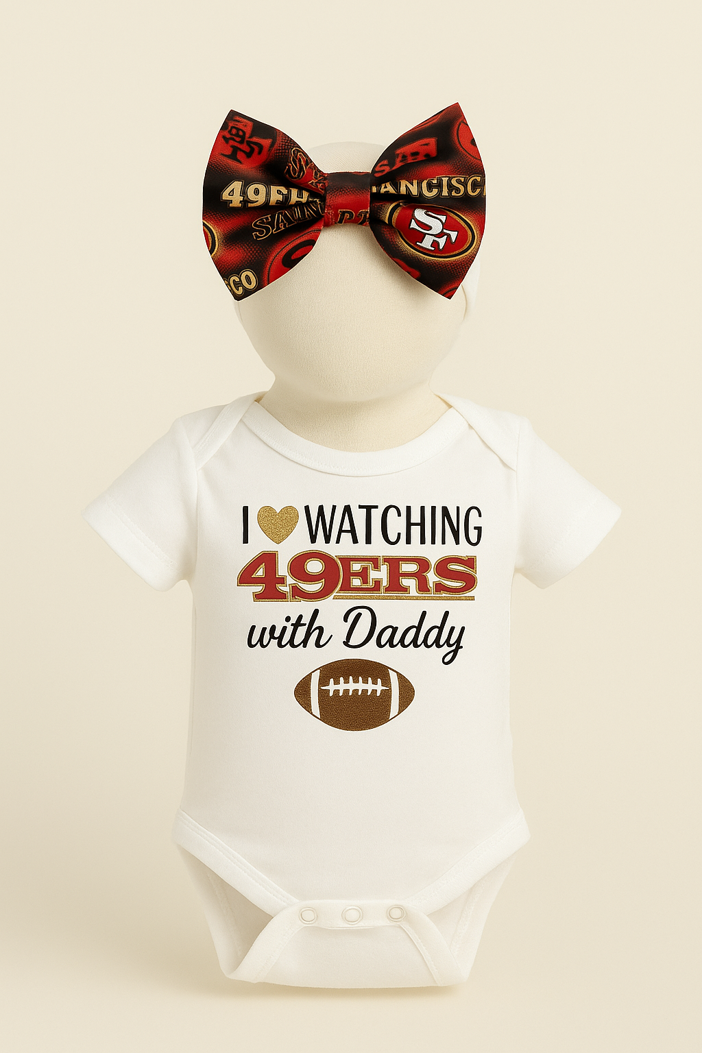 Cutest Fan Baby Girl Outfit – 49ers Game Day Onesie, Red & Gold Skirt, Cute Baby Bow Set, First Niner Game Outfit