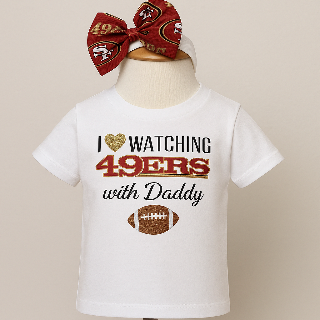 Cutest Fan Baby Girl Outfit – 49ers Game Day Onesie, Red & Gold Skirt, Cute Baby Bow Set, First Niner Game Outfit