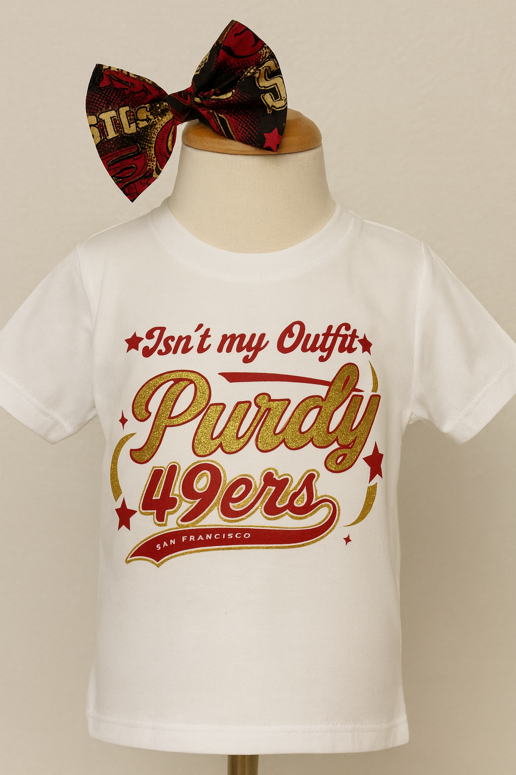 Cutest Fan Baby Girl Outfit – 49ers Game Day Onesie, Red & Gold Skirt, Cute Baby Bow Set, First Niner Game Outfit
