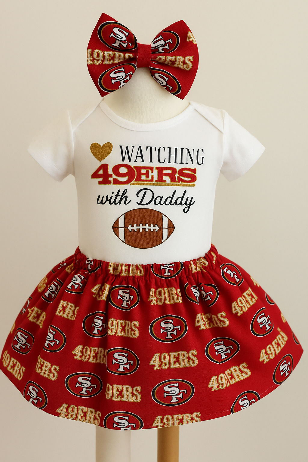 Cutest Fan Baby Girl Outfit – 49ers Game Day Onesie, Red & Gold Skirt, Cute Baby Bow Set, First Niner Game Outfit