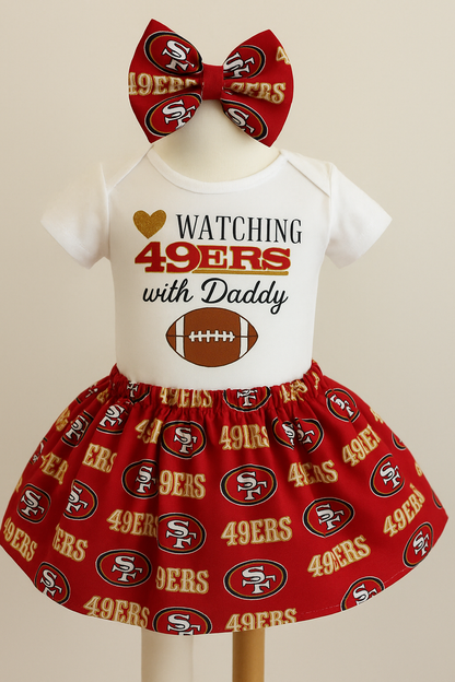 Cutest Fan Baby Girl Outfit – 49ers Game Day Onesie, Red & Gold Skirt, Cute Baby Bow Set, First Niner Game Outfit