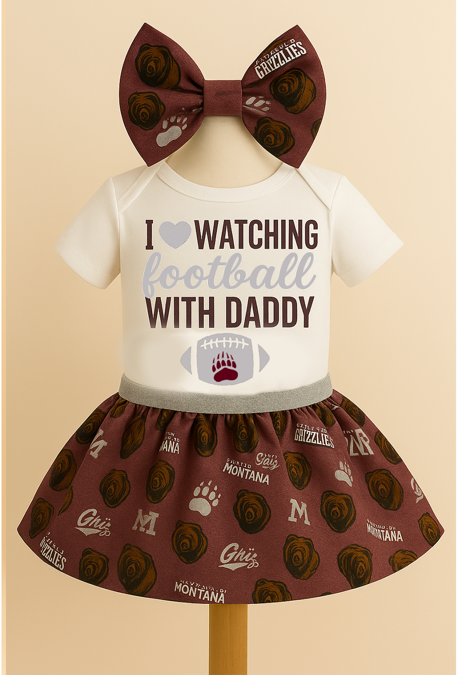 I ❤️ Watching Football With Daddy” Baby Girl Outfit – Montana Grizzlies Game Day Onesie, Maroon & Silver Skirt, Cute Baby Bow Set, First Griz Game Outfit