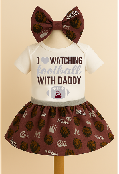 I ❤️ Watching Football With Daddy” Baby Girl Outfit – Montana Grizzlies Game Day Onesie, Maroon & Silver Skirt, Cute Baby Bow Set, First Griz Game Outfit