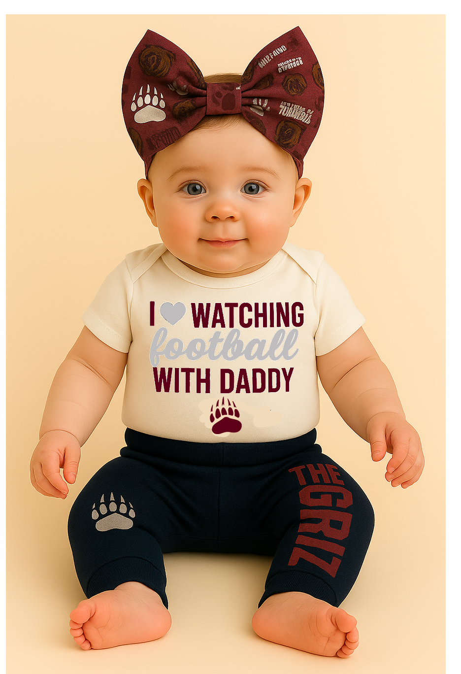I ❤️ Watching Football With Daddy” Baby Girl Outfit – Montana Grizzlies Game Day Onesie, Maroon & Silver Skirt, Cute Baby Bow Set, First Griz Game Outfit