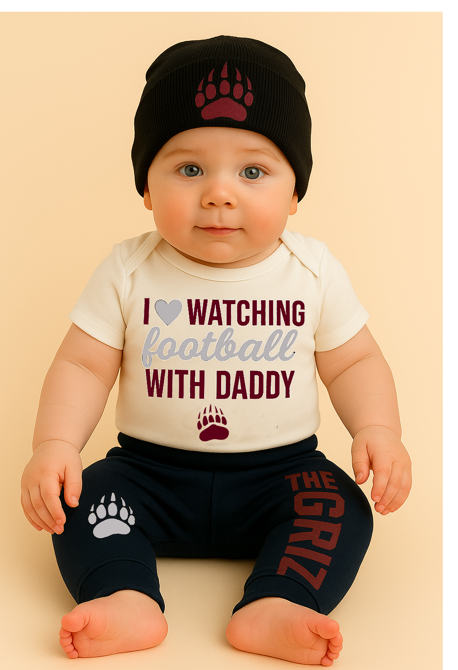 I ❤️ Watching Football With Daddy” Baby Girl Outfit – Montana Grizzlies Game Day Onesie, Maroon & Silver Skirt, Cute Baby Bow Set, First Griz Game Outfit