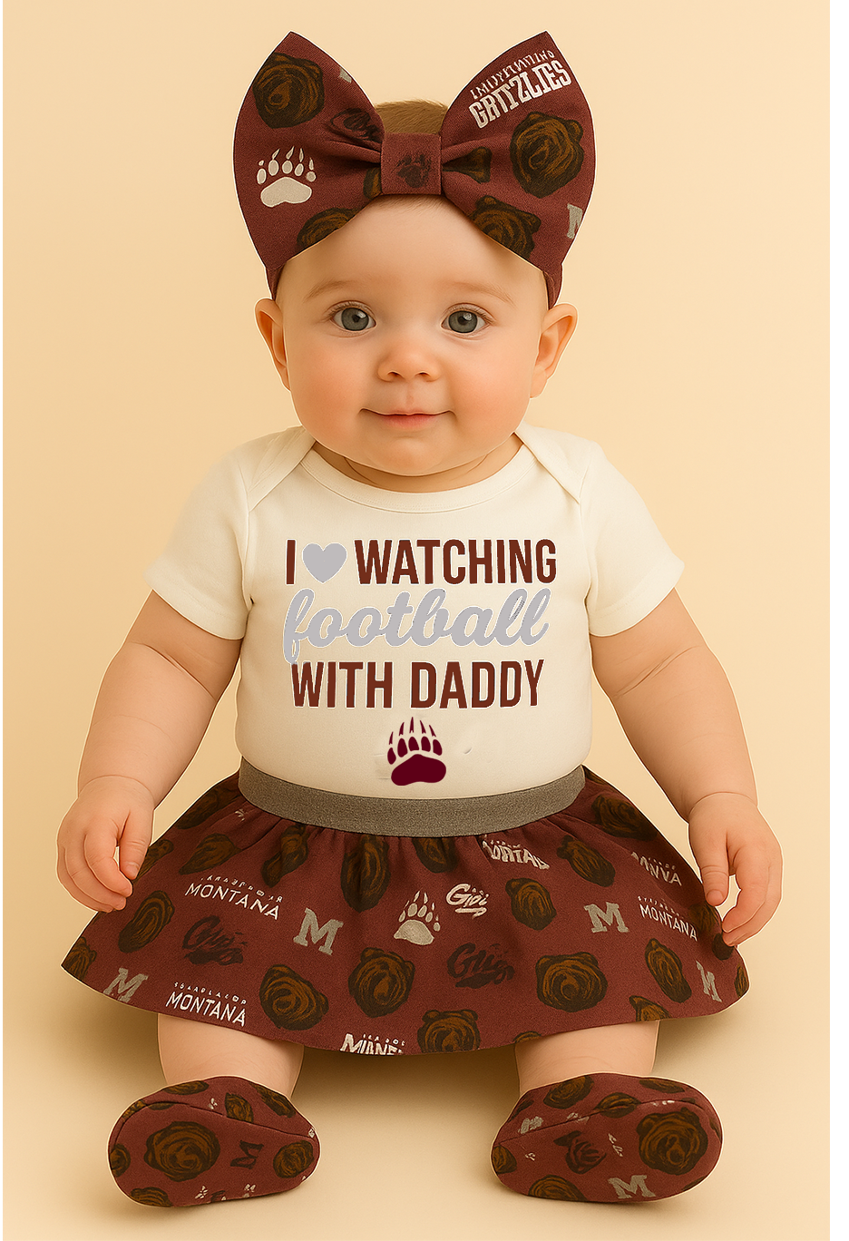 I ❤️ Watching Football With Daddy” Baby Girl Outfit – Montana Grizzlies Game Day Onesie, Maroon & Silver Skirt, Cute Baby Bow Set, First Griz Game Outfit