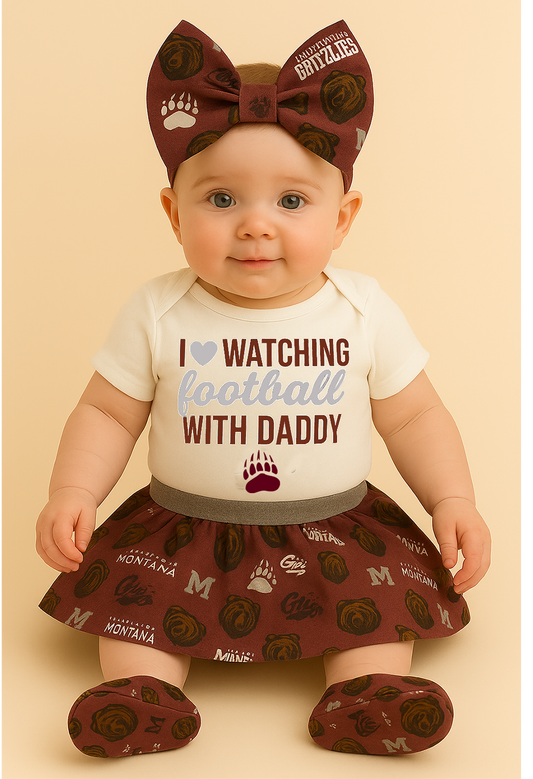 I ❤️ Watching Football With Daddy” Baby Girl Outfit – Montana Grizzlies Game Day Onesie, Maroon & Silver Skirt, Cute Baby Bow Set, First Griz Game Outfit